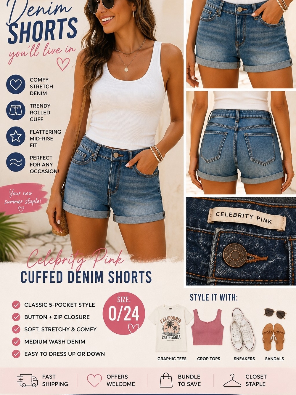 🔥Celebrity Pink Cuffed Denim Shorts | Size 0/24🔥
